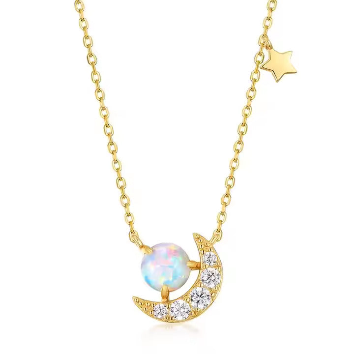 Celestial Opal Crescent Moon Pendant Necklace |18K Gold Plated 925S Silver