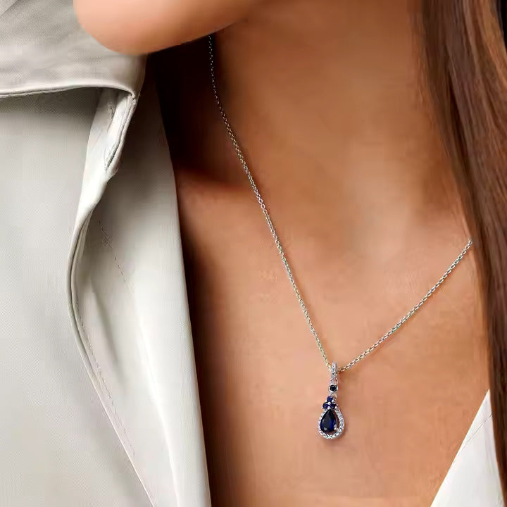 Water Drop Sapphire Diamond Pendant Necklace in 925 Sterling Silver