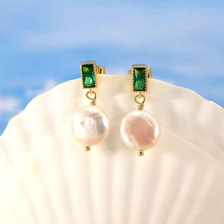 Green Stone & Freshwater Pearl Gold-Plated Earrings (GPE82)