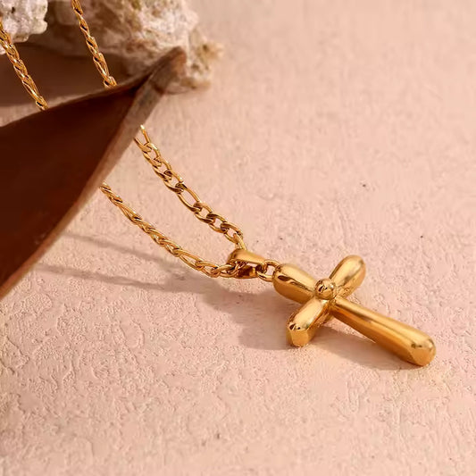 Gold-Plated Cross Pendant Necklace with Figaro Chain in Stainless Steel