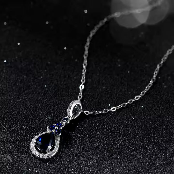 Water Drop Sapphire Diamond Pendant Necklace in 925 Sterling Silver