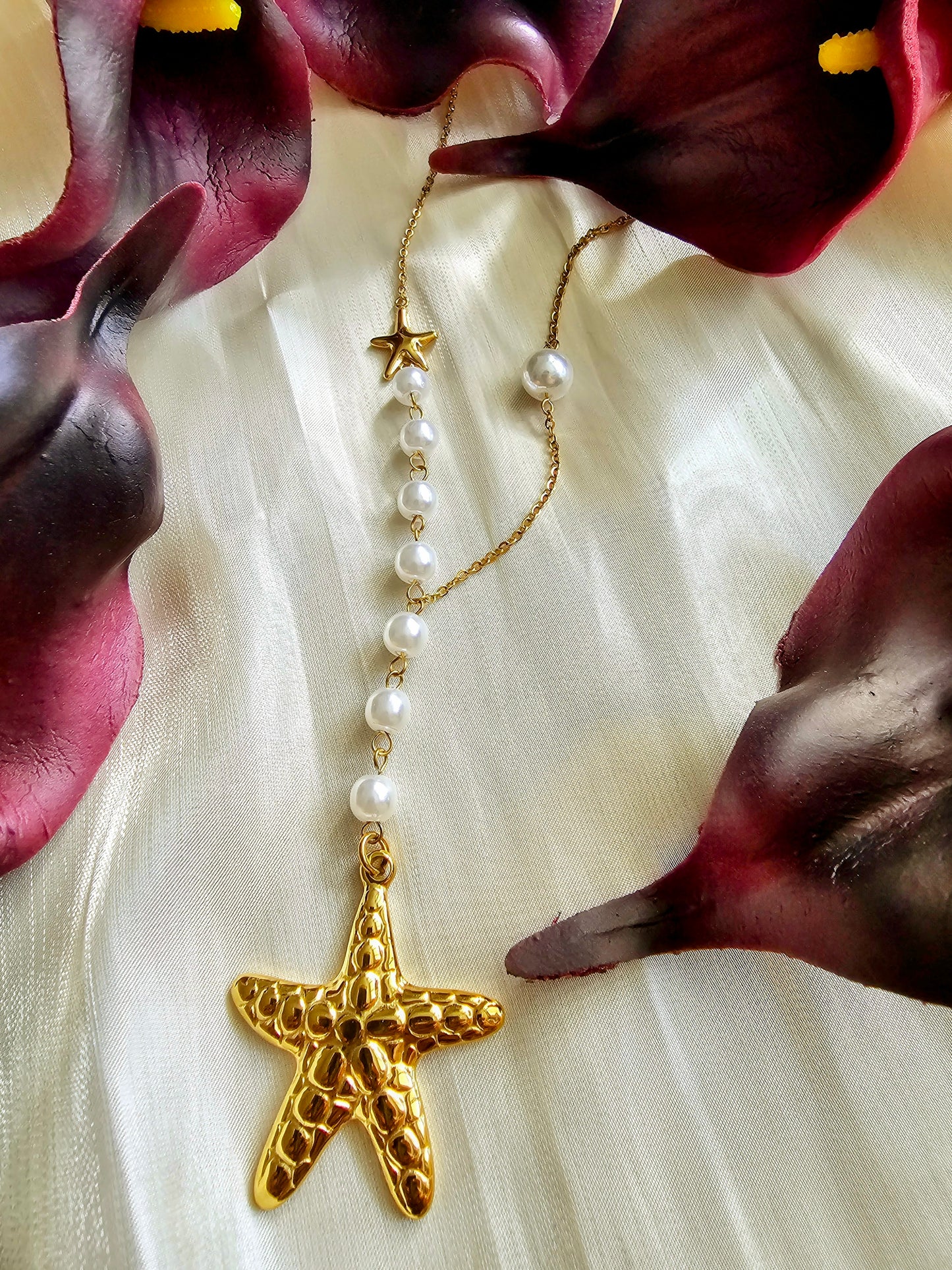 18K Gold-Plated Dainty Pearl Tassel Necklace with star pendant