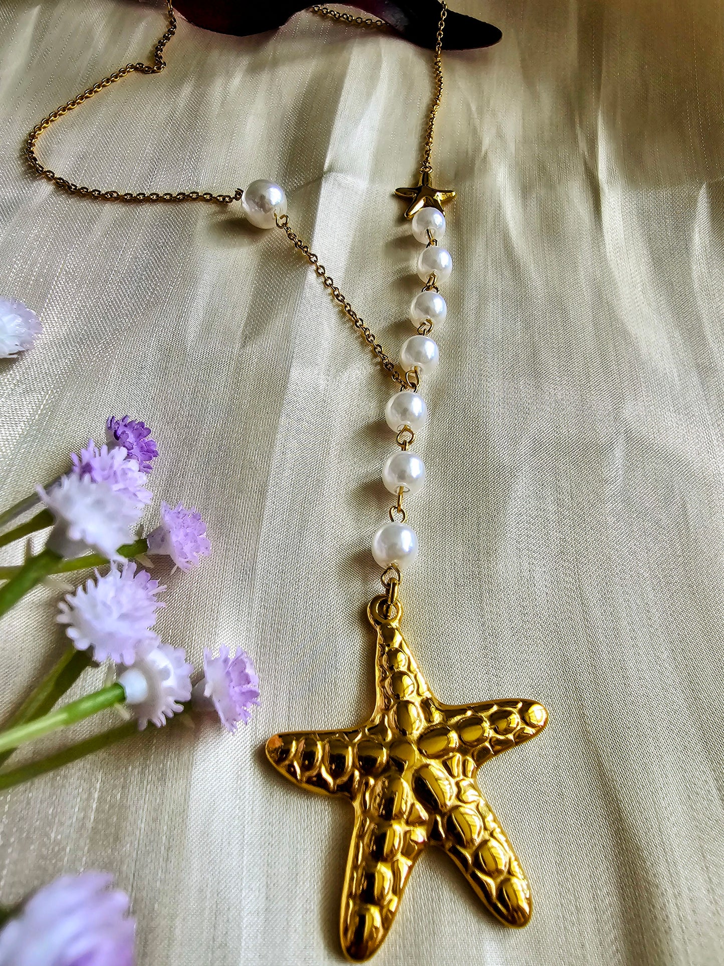 18K Gold-Plated Dainty Pearl Tassel Necklace with star pendant