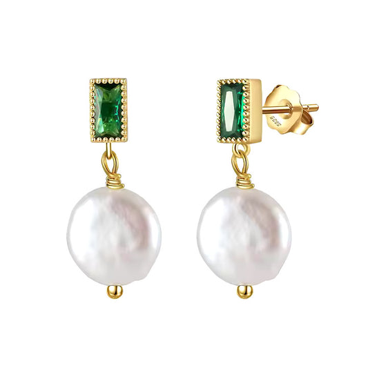 Green Stone & Freshwater Pearl Gold-Plated Earrings (GPE82)