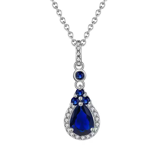 Water Drop Sapphire Diamond Pendant Necklace in 925 Sterling Silver