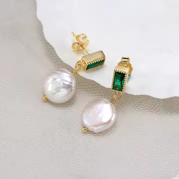 Green Stone & Freshwater Pearl Gold-Plated Earrings (GPE82)