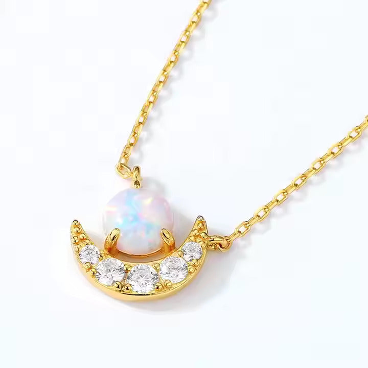 Celestial Opal Crescent Moon Pendant Necklace |18K Gold Plated 925S Silver