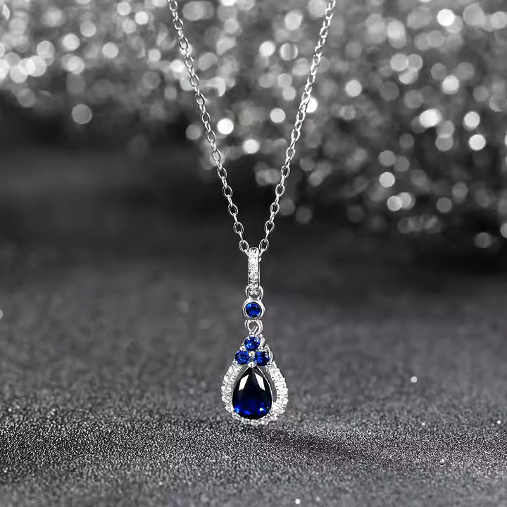 Water Drop Sapphire Diamond Pendant Necklace in 925 Sterling Silver