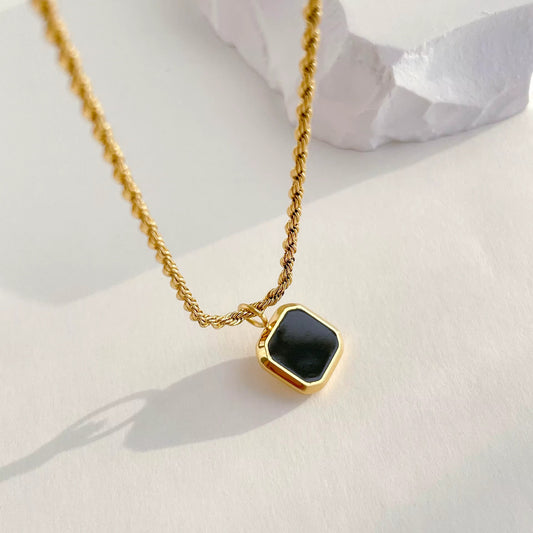 18K Gold-Plated Obsidian Clavicle Necklace – Black Agate Stone