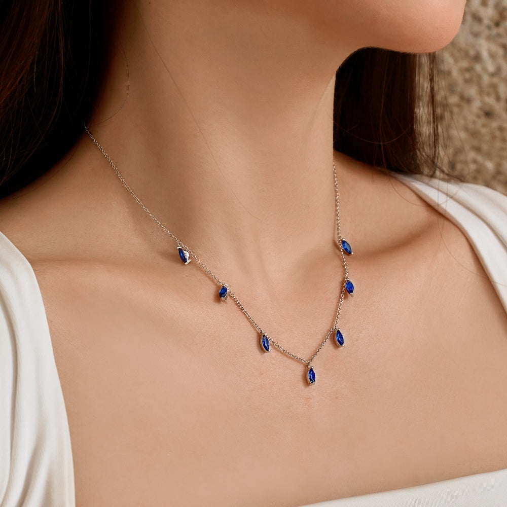 Luxury Marquise Gem Necklace with Sterling Silver Chain and Blue Gemstone Accents - Ideal for Special Occasions and Daily Wear