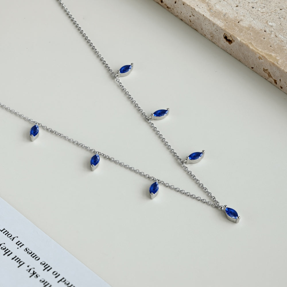 925 Silver Necklace Featuring Marquise-Cut Gemstone with 8 Blue Dangling Stones