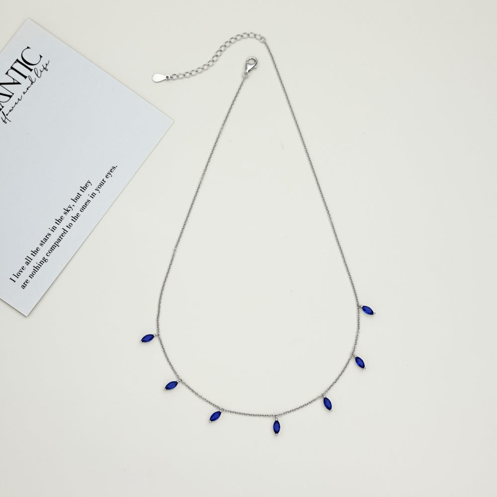 delicate Sterling Silver Necklace with Marquise Gem and Blue Gemstone Charms