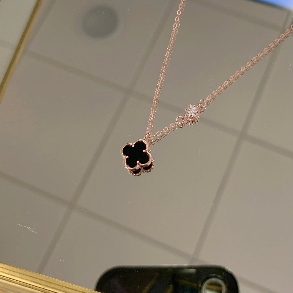 Black Stone & Zircon Midnight Flower Necklace –  | 925S Silver with Rose Gold Plating