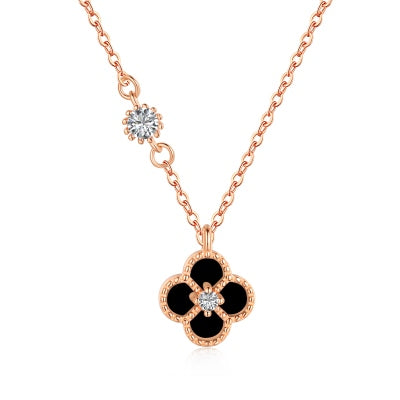 Black Stone & Zircon Midnight Flower Necklace –  | 925S Silver with Rose Gold Plating